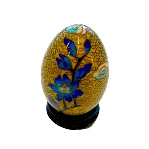 Antique Cloisonne Egg: Vintage with smooth surface and wooden base.